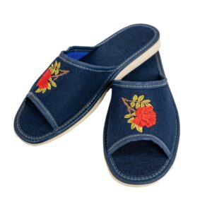 Women's Slippers - Navy blue slippers with rose, flowers 002 A