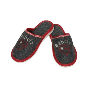 Women's Slippers - "Granny" in grey with red accents
