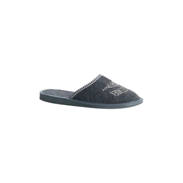 Kapcie męskie filcowe z napisem Super Dziadek, szare, widok z boku, profil na bieli