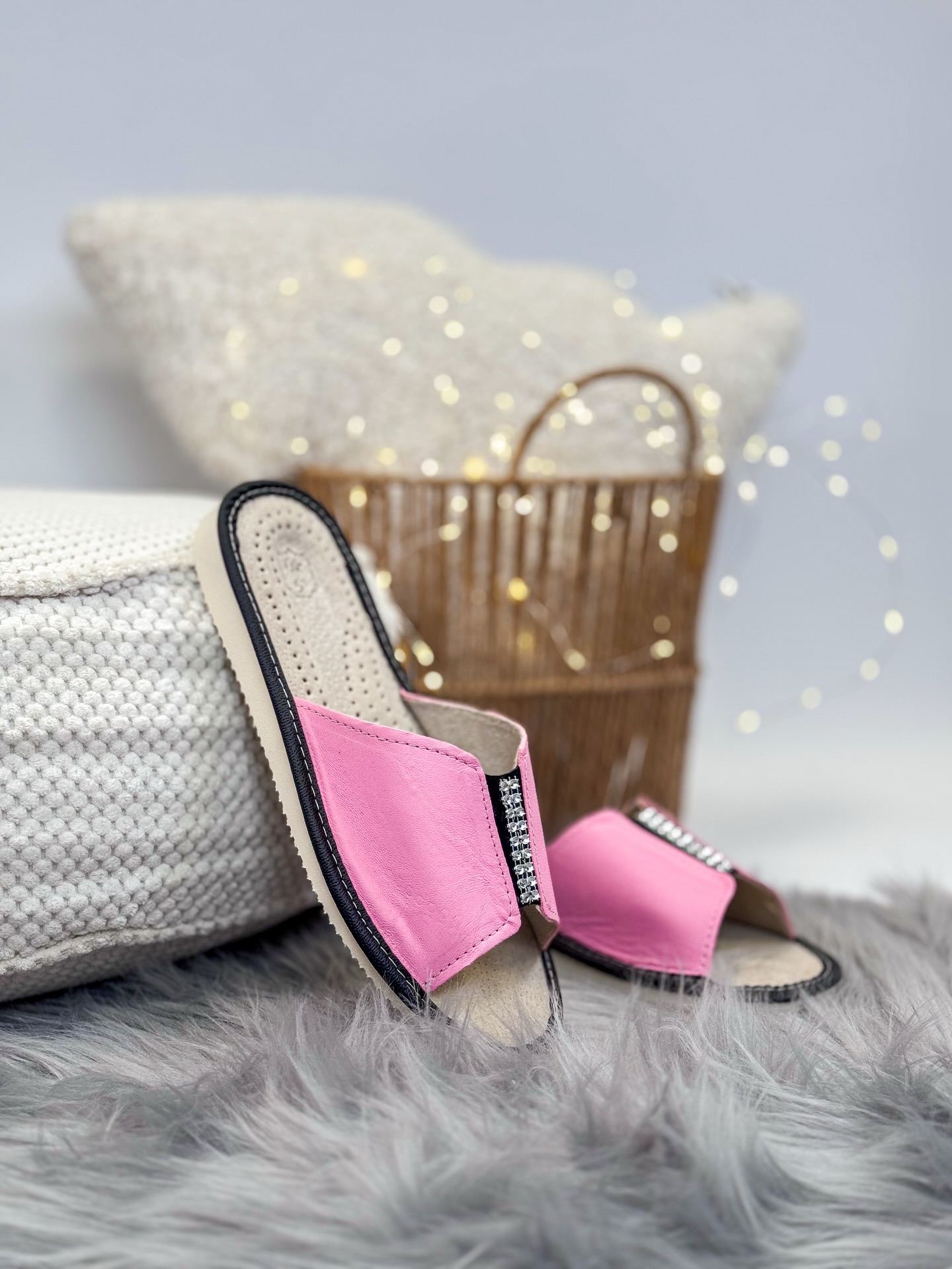 Kapcie damskie skórzane różowe - pantofle z naturalnej skóry licowej z podeszwą EVA