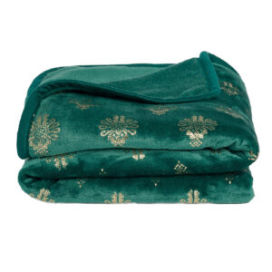 Koc polarowy 200x160 cm zielony butelkowa zieleń ze złotymi parzenicami