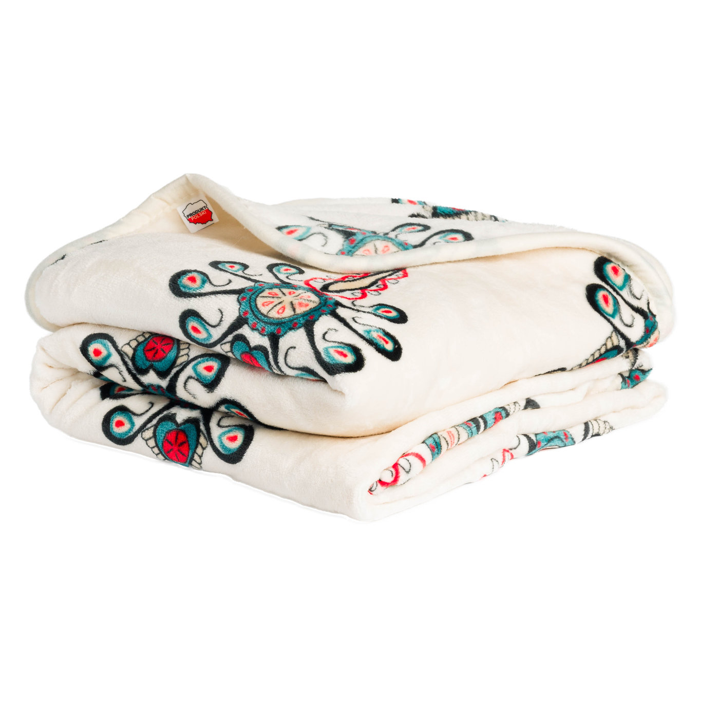 Koc polarowy 200x160 cm ecru z kolorowymi parzenicami góralskimi Tatry