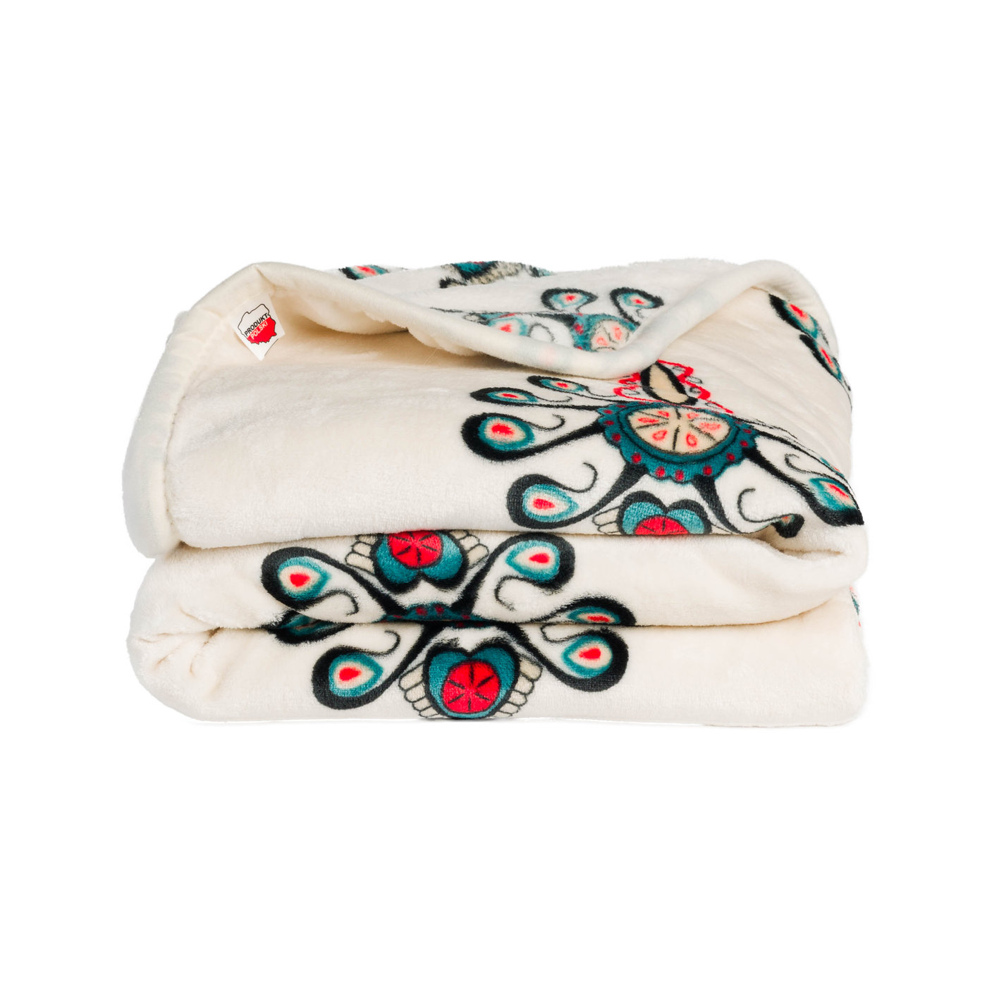 Koc polarowy kremowy z góralskim wzorem parzenice edelweis - miękki polar