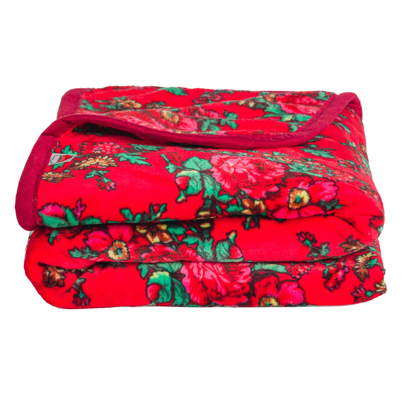 Koc polar czerwony kwiaty folklorowe różowe bordowe zielone 200x160 cm widok frontalny