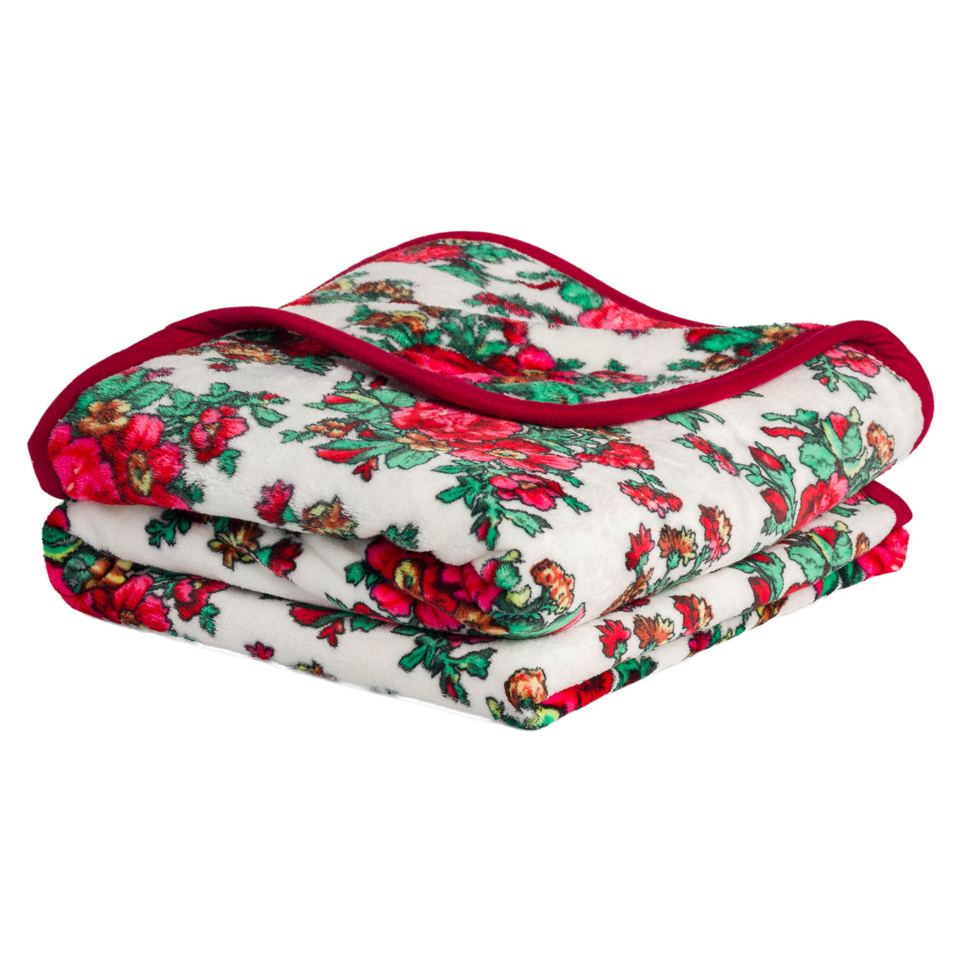 Koc polarowy ecru 200x160 cm kwiaty folklorowe vintage bordowy brzeg perspektywa