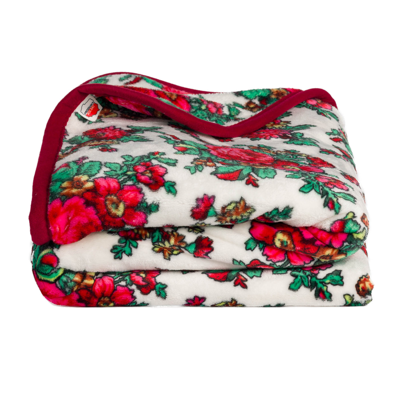 Jasny koc polar ecru kwiaty ludowe czerwień róż zieleń 200x160 widok frontalny