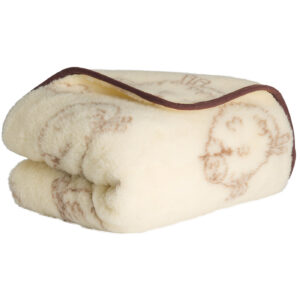 Koc wełniany 200x160 cm z owieczkami - ecru z brązowym wykończeniem