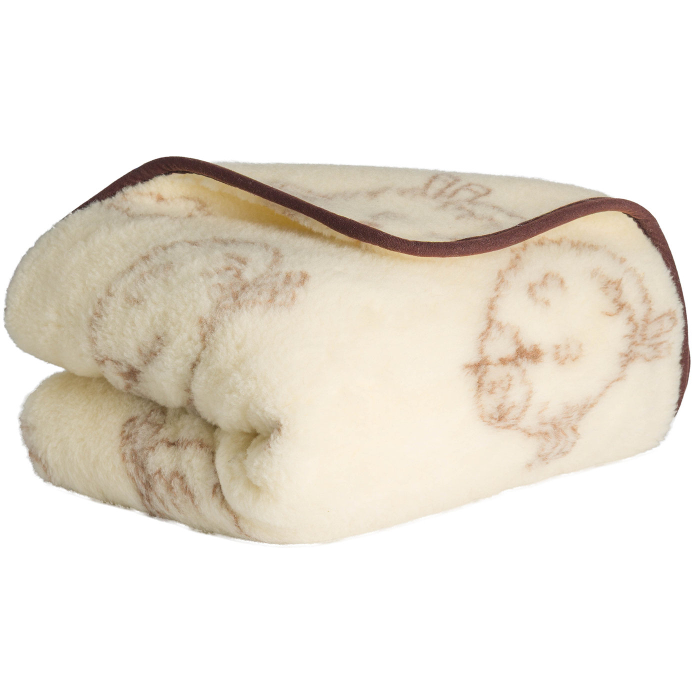 Koc wełniany 200x160 cm z owieczkami - ecru z brązowym wykończeniem