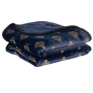 Koc polarowy 200x160 cm granatowy ze złotymi śnieżynkami - czarne wykończenie