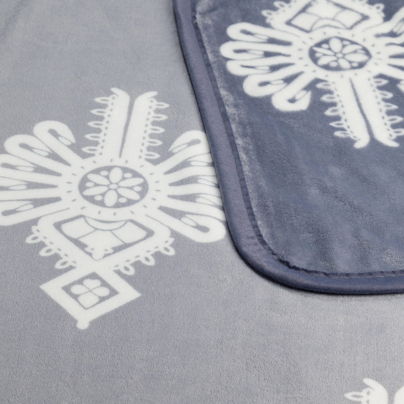 Zbliżenie na duże białe parzenice edelweis tatrzański na szarym kocu polarowym