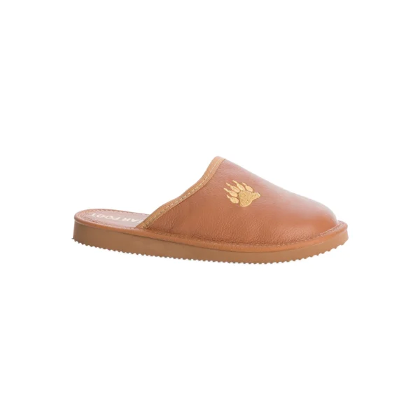 Kapcie damskie barefoot ze skóry naturalnej, karmelowe, widok z boku, profil na bieli